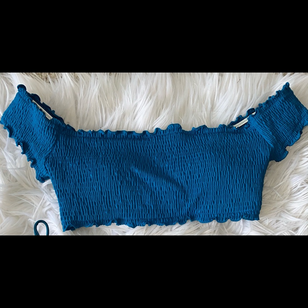VS PINK teal off shoulder smocked bikini top